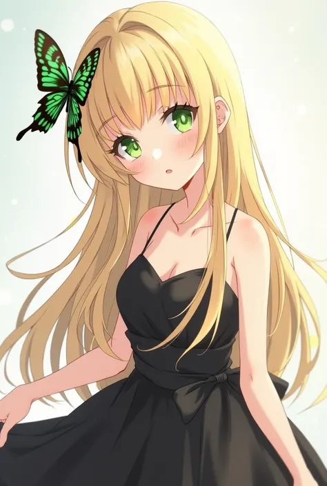 anime girl with green eyes and a black dress with a butterfly on her head, anime visual of a cute girl, anime moe artstyle, lolish, (anime girl), loli in dress, cute anime girl, blonde anime girl with long hair, ¯_(ツ)_/¯, cute natural anime face, anime sty...