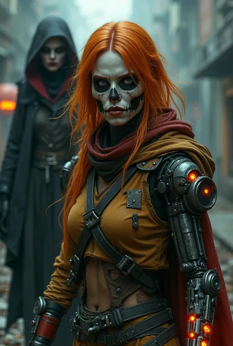 A highly detailed and realistic skull girl,( Anya. Taylor Joy) cyberpunk character, mad max furiosa, one hand robot, cyborg arm, orange hair, dark moody atmosphere, cinematic, dramatic pose, intricate mechanical details, glowing energy effects, intense gri...