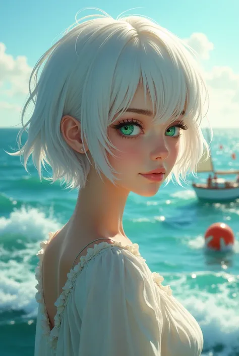  An image of a lady with short white hair and a serene face ,  with her green and blue eyes ,  a mix ,  facing the spectator ,  looking out to sea,  a boat sailing on the waves high waves and a buoy floating along with the boat, soft scenery  , beautiful