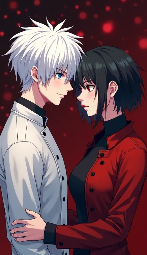  Create a BL romance cover for me  (male x female ).  A white-haired chef ,  blue eyes.  A short black-haired reaper , high,  red eyes and red clothes, Looks cool.  Two people with completely different appearances,  serious atmosphere . (,  but I want shor...