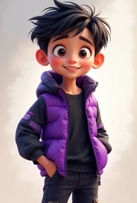 You could create a 2d photo of a boy wearing black and purple clothes.  animated