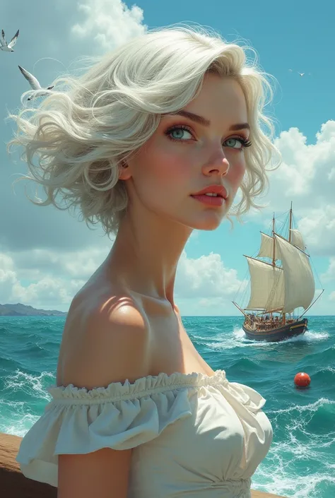 an image  ( masterpiece, of good quality)  of a lady with short white hair , wavy, swaying in the wind, serene and beautiful face , half full body  ,  its beautiful vibrant green and blue eyes ,  a mix , looking sideways at the rough sea ,  a boat sailing ...