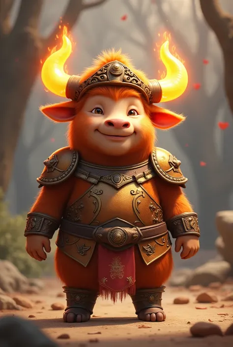 Cuddly biped adult ox animated in 2D,with earthen armor covering the body,Horns on fire,With fire helmets and Buddha style