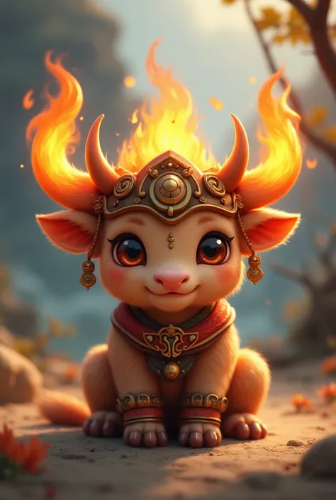 Cuddly young biped ox animated in 2D,with earthen armor covering the body,Horns on fire,With fire helmets and Buddha style