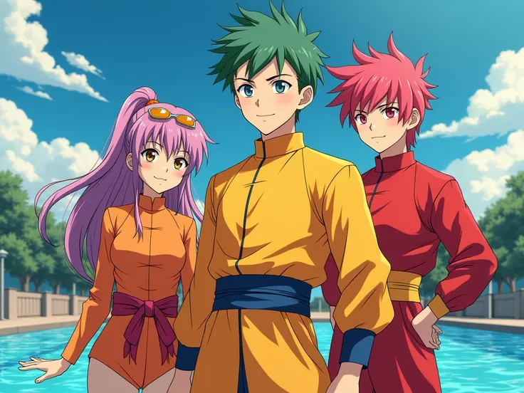 3 male 1 fille de l'anime kung fu master king.

garçon 1 cheveux vert et rose herisssé sauvage yeux ecarlate stylé artificiel 
uniform de sports orange et rouge 
regard demoniaque 
cannette orengina 
garçon 2 cheveux jaune et rose herissé sauvage yeux ecar...