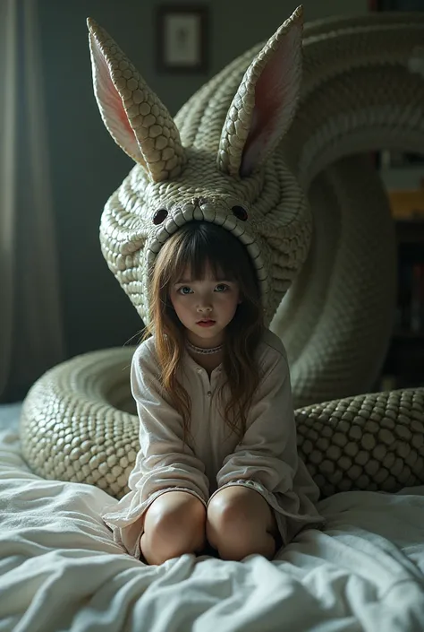 A huge giant snake starts to swallow a girl in a super realistic rabbit costume on the bed. The girl is in a rabbit pose.