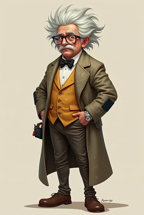 Ah, you want a character design for a **mathematics professor**! Here's a detailed concept for you:

---

### **Character Design Concept:**
- **Name:** Professor Algeo "The Equationist"  
- **Appearance:**  
  - **Hair:** Wild, untamed gray hair (think Ein...