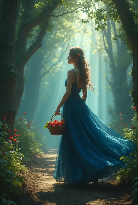 Mystic enchanting environment  .  A charming woman with a basket of strawberries in her hand shines light into the environment in a long tail flying dress with dark blue straps. Vivid colors are used  