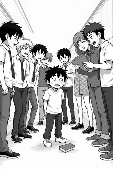 2.  A group of students make fun of Diego

Several classmates laugh at him, and one of them pushes his books to the floor .
 A simple black and white anime style 