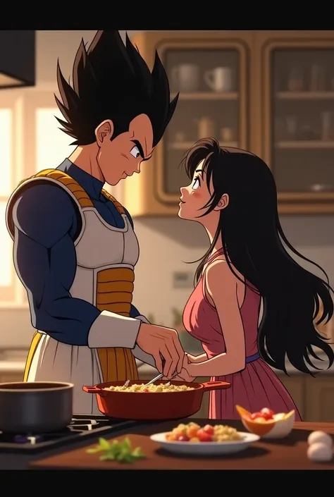 Vegeta cooking his girlfriend looking at him in love with long black hair 