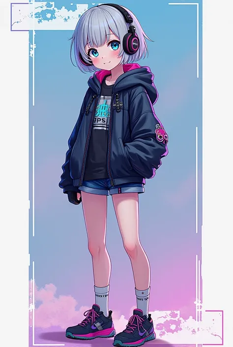 dot picture illustration
1 girl 
５Lifesaving
silver hair short hair
cyberpunk style hoodie jacket
denim shorts
trekking shoes
neon blue eyes
Downer system
cyberpunk style headphones
Neon colored barrettes
