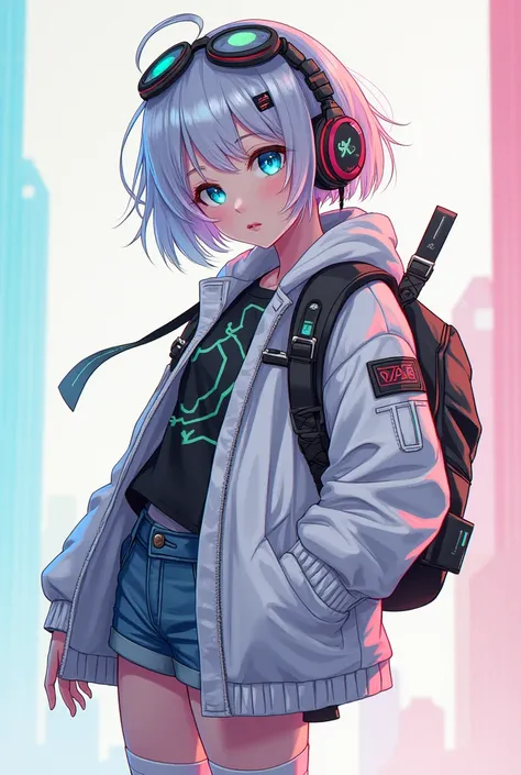 
girls
6 life-size
silver hair, outer wing, short hair
white cyberpunk parka jacket
Neon colored lines
denim shorts
trekking shoes
neon blue eyes
Downer system
cyberpunk style headphones
Neon colored barrettes
Japaneseanime
white one-leg knee-high socks
di...