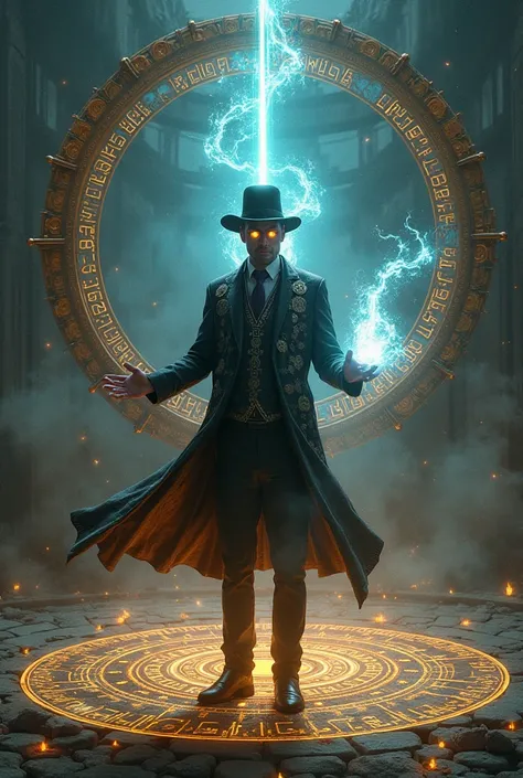 A man in a hat and suit shooting a beam of energy in front of a magic clockwork circle