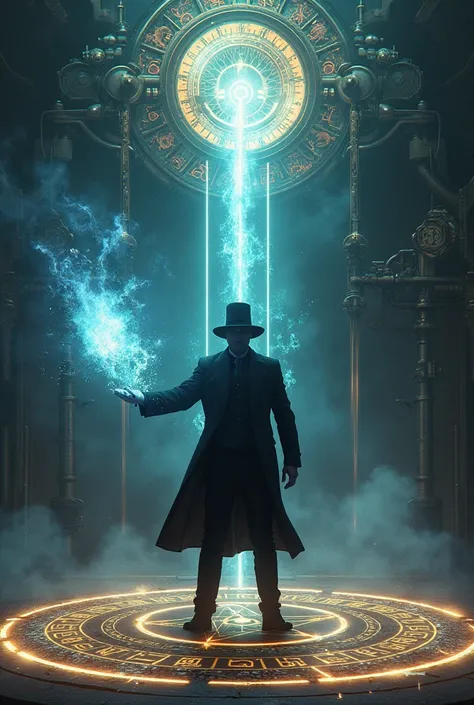 A man in a hat and suit shooting a beam of energy in front of a magic clockwork circle