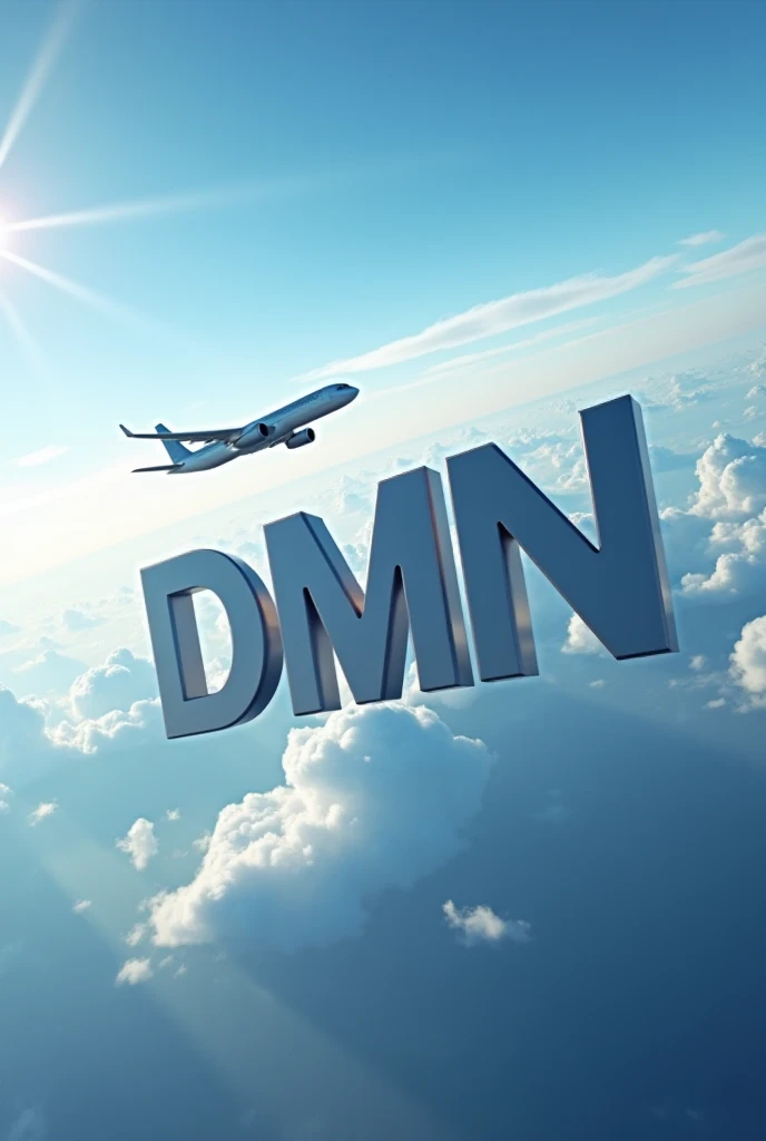 Make me a picture where a plane is flying in the sky and the name “DMN” is written in 4K 3D. It is very realistic and cinematic