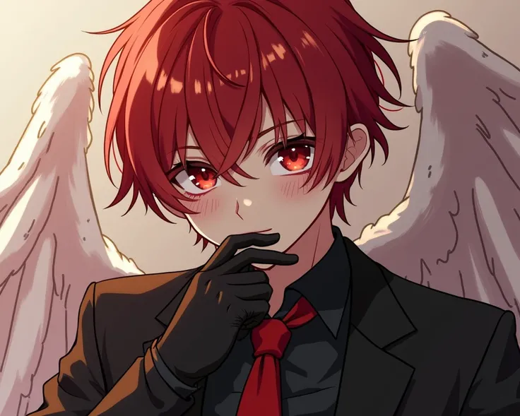 I am a boy with red hair and crimson red eyes and freckles has short curly hair I am a little muscular I have a perfect body I have a black suit and gloves (I look like an angel mixed with a Greek god )(Cute anime boy)