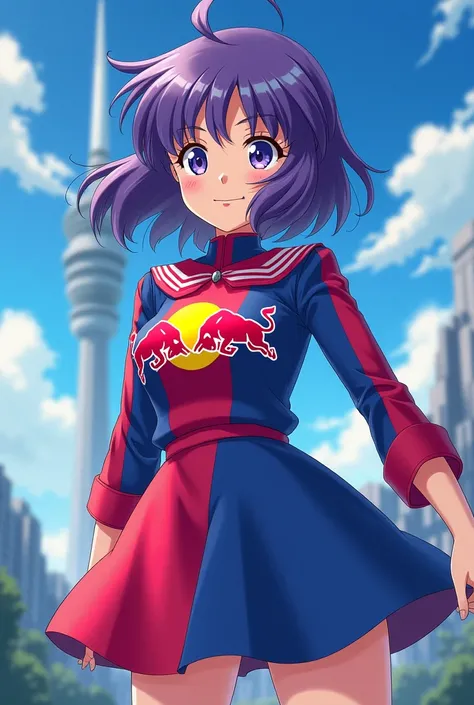 sailor saturn, Tomoe Hotaru, sailor moon, red bull dress, Red Bull logo on the chest, Smiling, Alone, Tower in background, anime