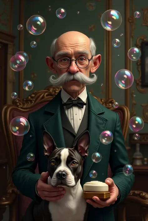 70 yr old victorian man, bald, glasses, handlebar mustache, soap bubbles, soap, boston terrier with white face and black area around eye