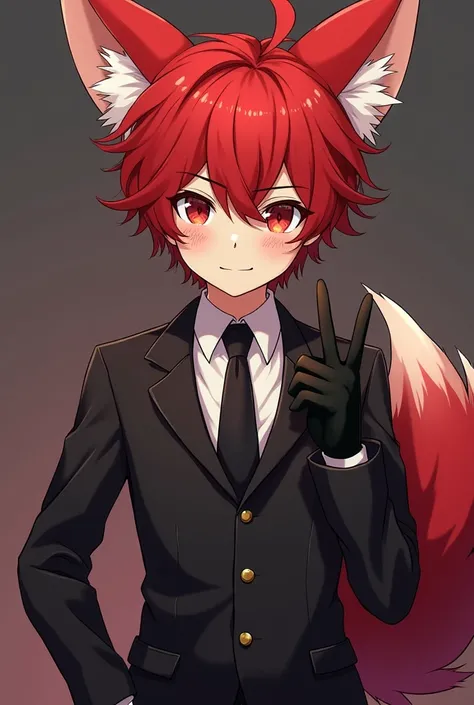 I am a boy with red hair and crimson red eyes and freckles has short curly hair I am a little muscular I have a perfect body I have a black suit and gloves with red fox ears and tail (I look like an angel mixed with a Greek god )(Cute anime boy)