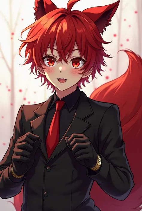 I am a boy with red hair and crimson red eyes and freckles has short curly hair I am a little muscular I have a perfect body I have a black suit and gloves with red fox ears and tail (I look like an angel mixed with a Greek god )(Cute anime boy)