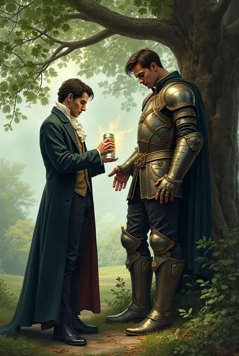 Handsome alchemist dressed in Victorian costume using the power of ether to heal a handsome tall and strong gentleman with short hair in armor who is leaning against a tree