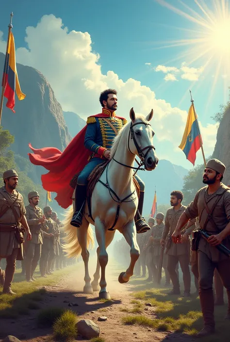   Imagine a vibrant and powerful scene in a mountainous landscape of Venezuela ,  with the sun shining brightly in the sky .  In the center of the image is Simón Bolívar ,  The Liberator ,  riding a majestic white horse .  His figure is impressive ,  dress...