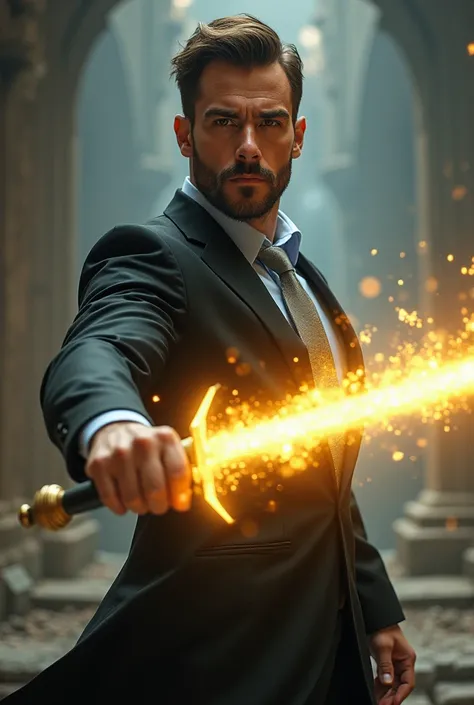 Handsome tall and strong white man with short brown hair with short beard wearing a black suit with a light blue shirt and silver tie bewitching a sword with yellow light magic in combat posture