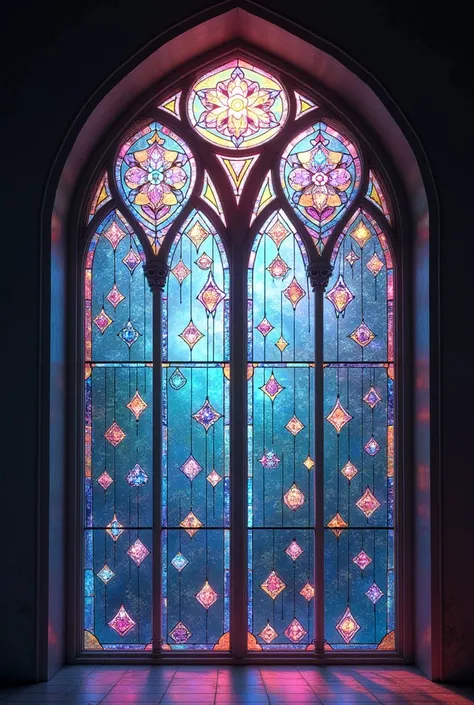 Make me a stained glass window in diamond figures, beautiful, delicate and luminous