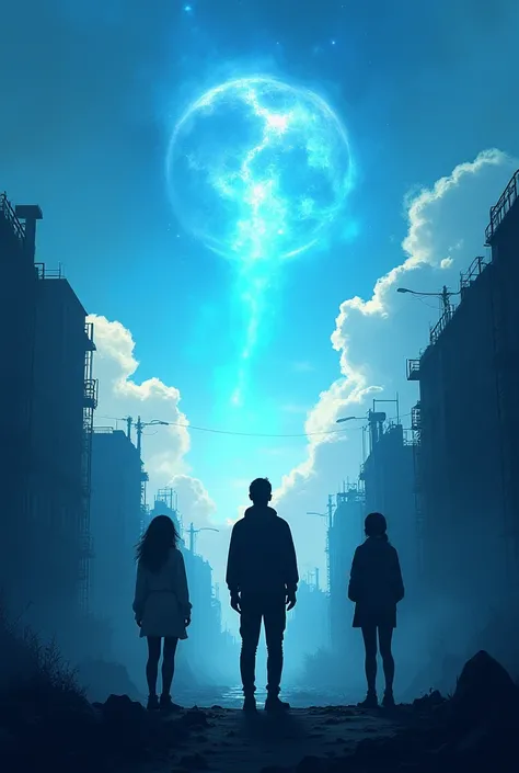 Fais moi cette image stp de ce texte :un ciel bleu éclatant au-dessus d'une ville polluée, avec des silhouettes humaines regardant vers le ciel, mais leur ombre projetée montre des images de la nature