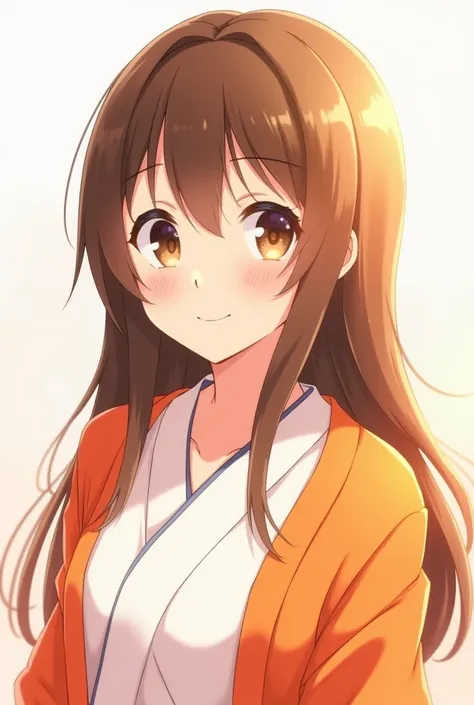  A beautiful woman with long brown hair in the anime style, brown eyes white shirt and an orange Haori ,  looking happy 