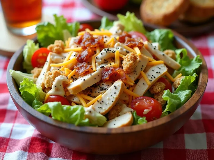 "A vibrant and hearty American-style salad bowl filled with crisp romaine lettuce, juicy cherry tomatoes, shredded cheddar cheese, crispy bacon bits, grilled chicken strips, and crunchy croutons. Topped with a drizzle of creamy ranch dressing and a sprinkl...