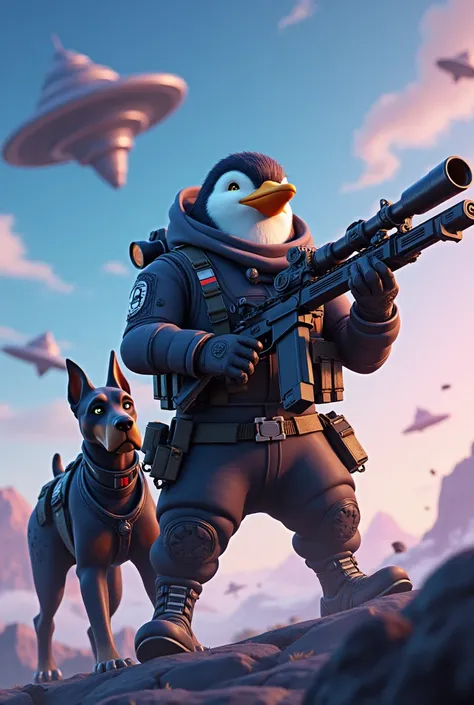 Fornite character who is a penguin armed with an assault rifle and a shooting bazoca and who has a Doberman cibor to protect him while shooting.In the sky that is full of UFOs and a falling meteorite 