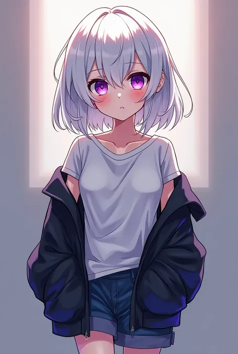 A girl (appearance:  tomboy,  white hair,  purple eyes) ( Apparel:  casual wear) ( full body view)  illustration, Anime 4k,  Precise,  super detailed ,  high details,  high definition, Chiaroscuro 