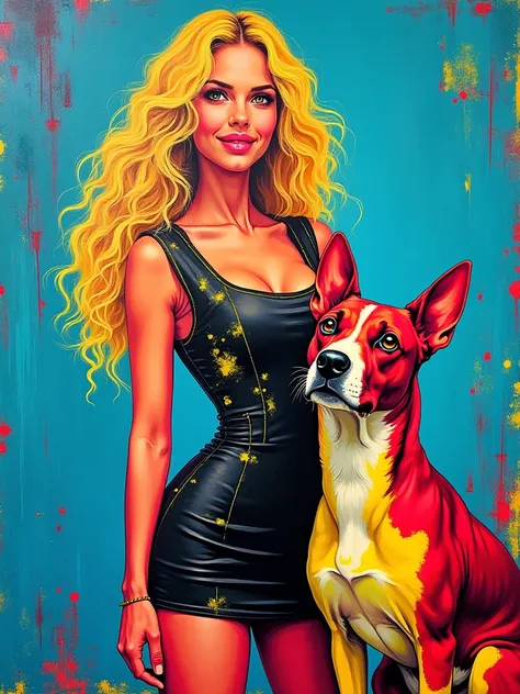  An abstract painting of a pretty woman she is smiling with long blonde curly hair wearing a fitted abstract dress in neon colors and standing with her dog. The dog has large eyes.The background is a bright blue, yellow, and red. There are scribbles, doodl...