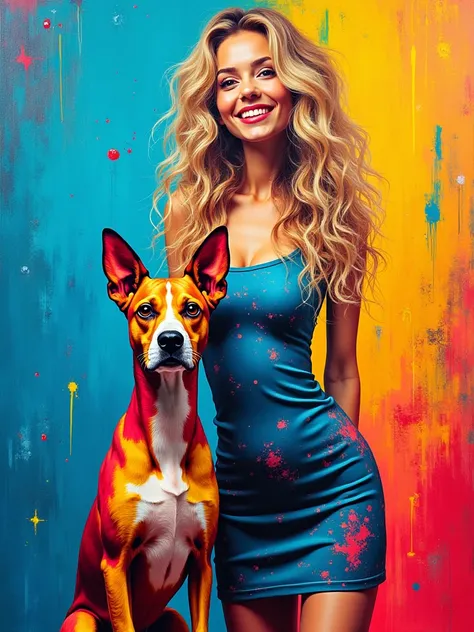  An abstract painting of a pretty woman she is smiling with long blonde curly hair wearing a fitted abstract dress in neon colors and standing with her dog. The dog has large eyes.The background is a bright blue, yellow, and red. There are scribbles, doodl...