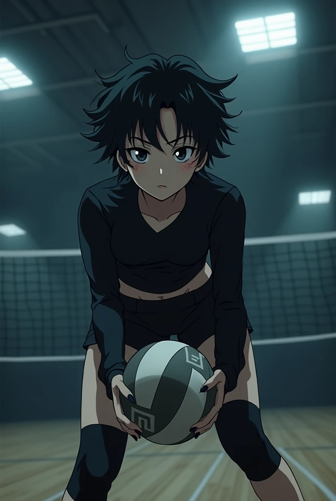  Character from the anime Haikyuu!  as a goth girl , with short curly hair, White and who plays volleyball 