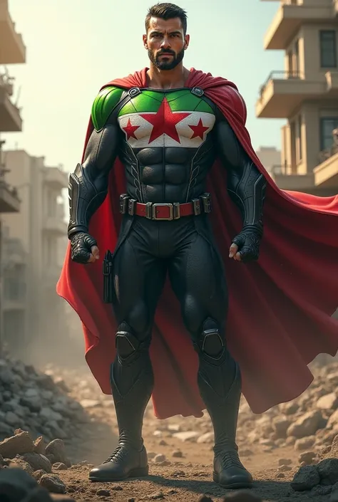 A superhero, his costume is inspired by the flag of the Syrian rebels