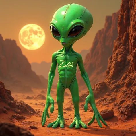 Create an image of a green alien with Zirilli written on it who lives in a house on Mars 