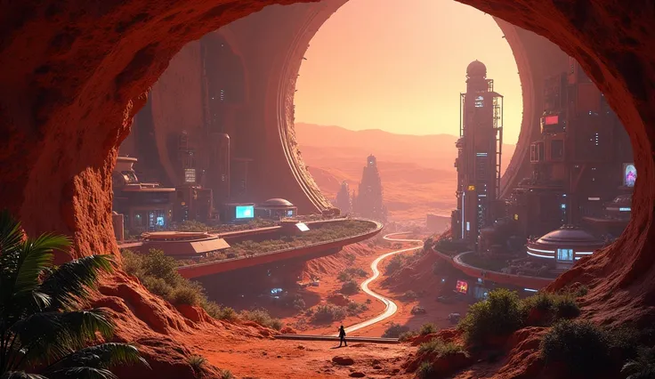 " A futuristic city under the surface of Mars ,  illuminated by neon lights and glass structures .  biological domes with plants , , high-tech tunnels and magnetic vehicles coursing through the interior. Through windows , , you can see the arid Martian lan...