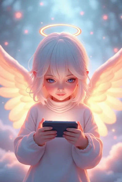 Create a game profile image for streaming with a drawing of an Angel playing on the cell phone and place the name AnjØ GaMeR large well below the image 