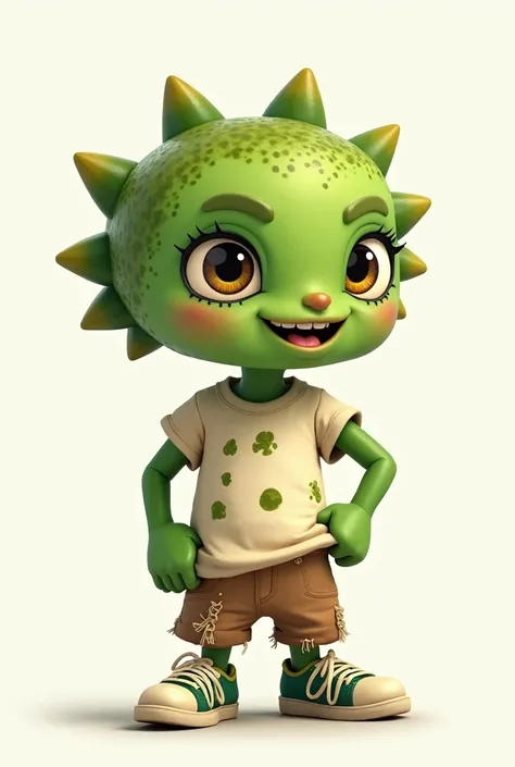 Chilaquil friendly humanoid with green totope head, anime-style eyes and challenging look,  mischievous smile, Small nose, arms and legs made of green tortillas, creamy white t-shirt with dark green spots, baige pants with loose threads, sports tennis 