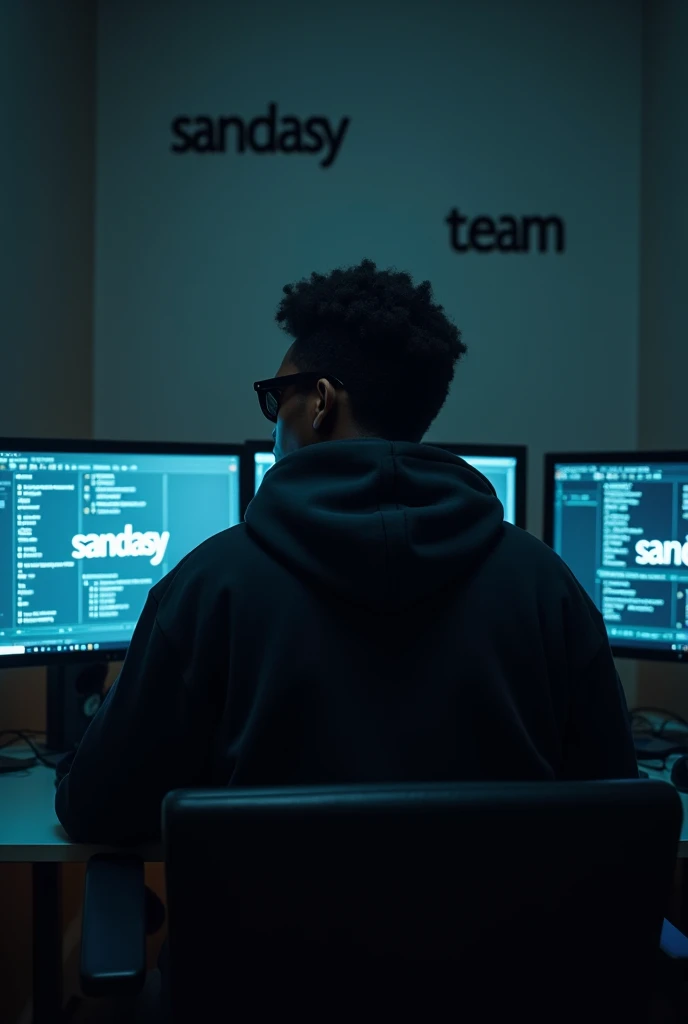 A dark computer lab with a black boy aged 20 seat on front of three computers,wearing a black hood write "SANDRASY", and black sunglasses on his eyes, on top of walls write "SANDRASY TEAM: