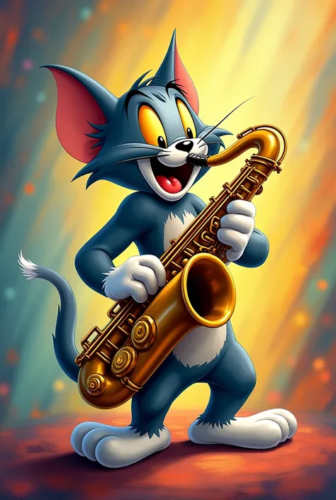 Create a image of tom from tom and jerry playing a saxaphone