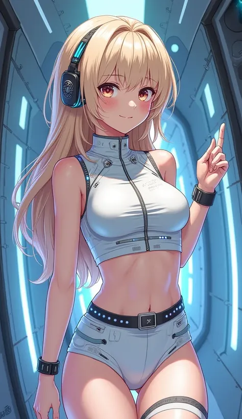 Detailed anime illustration, pixiv style,anime love-live style, zero gravity space. Woman dressed in white spaceship high-tech capsule, cold sleep device. Japanese woman, blonde long hair, blush,shy,wearing futuristic underwear with biosensors and circuit ...