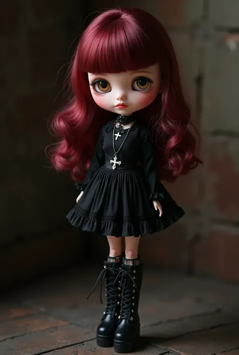  full-length blythe doll , with medium red /burgundy hair , with brown eyes.  she is wearing a black blouse , skirt,  and platform boots .  around her neck gothic jewelry , for example a cross or a black choker.  the atmosphere is a little dark .