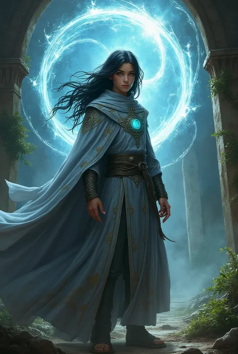 Create me an elemental RPG wizard elf with the cover and costume of a black-haired gray apprentice.