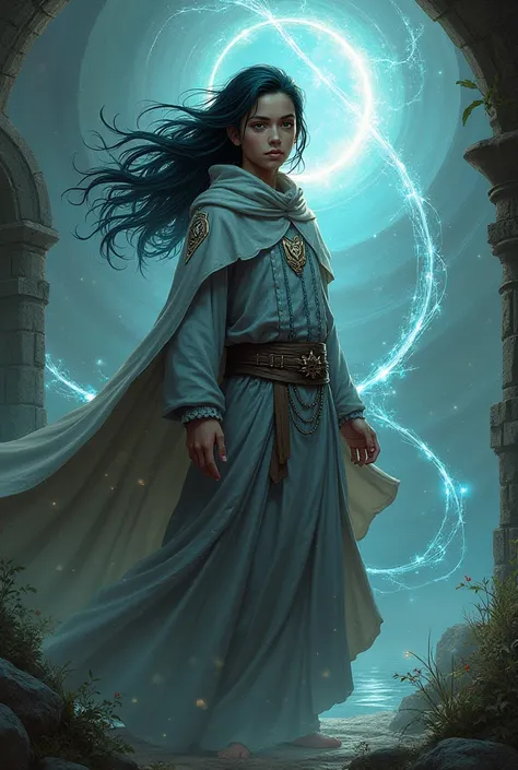 Create me an elemental RPG wizard elf with the cover and costume of a black-haired gray apprentice.