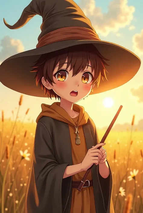 I want good traits and sunlight as if he were outside in a field, focus on it,  a cute wizard's apprentice with a sorcerer's hat and a surprised expression as if he had done a magic that went wrong make him cute brown hair and honey-colored eyes, Do it lik...