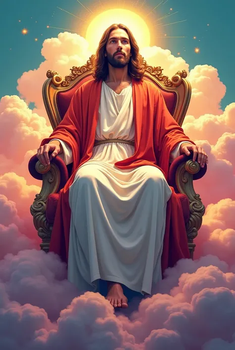 High quality, 8k ultra HD, Jesus sitting on a royal chair between clouds, flat colorful background, vector art, vector illustration, 80s style illustration, 