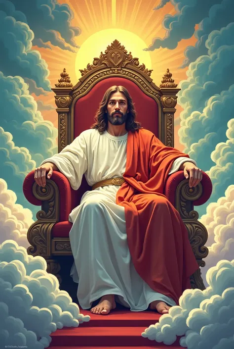 High quality, 8k ultra HD, Jesus sitting on a royal chair between clouds, flat colorful background, vector art, vector illustration, 80s style illustration, perfect face, 